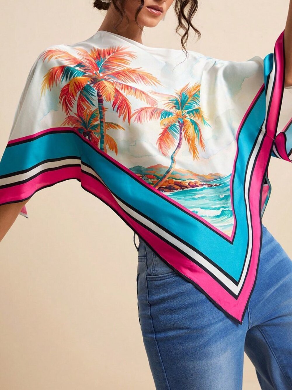 Multicolor Boho Women's V-Neck Batwing Sleeve Satin Blouse Beach Cover-Up